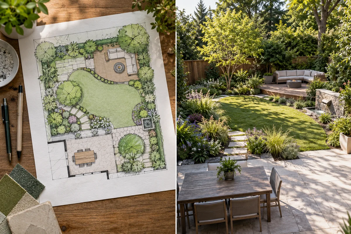 A garden layout illustration beside a visual concept of a planted backyard.