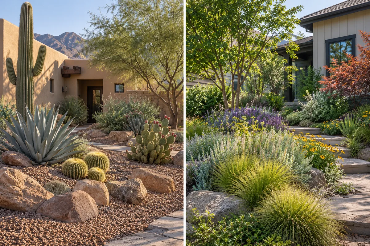 A cactus and agave rock garden beside a planted path with grasses and flowering borders.