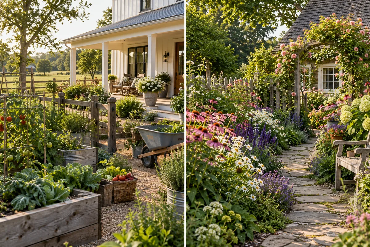 Vegetable beds beside a farmhouse porch contrasted with a flower-filled path to a small cottage.