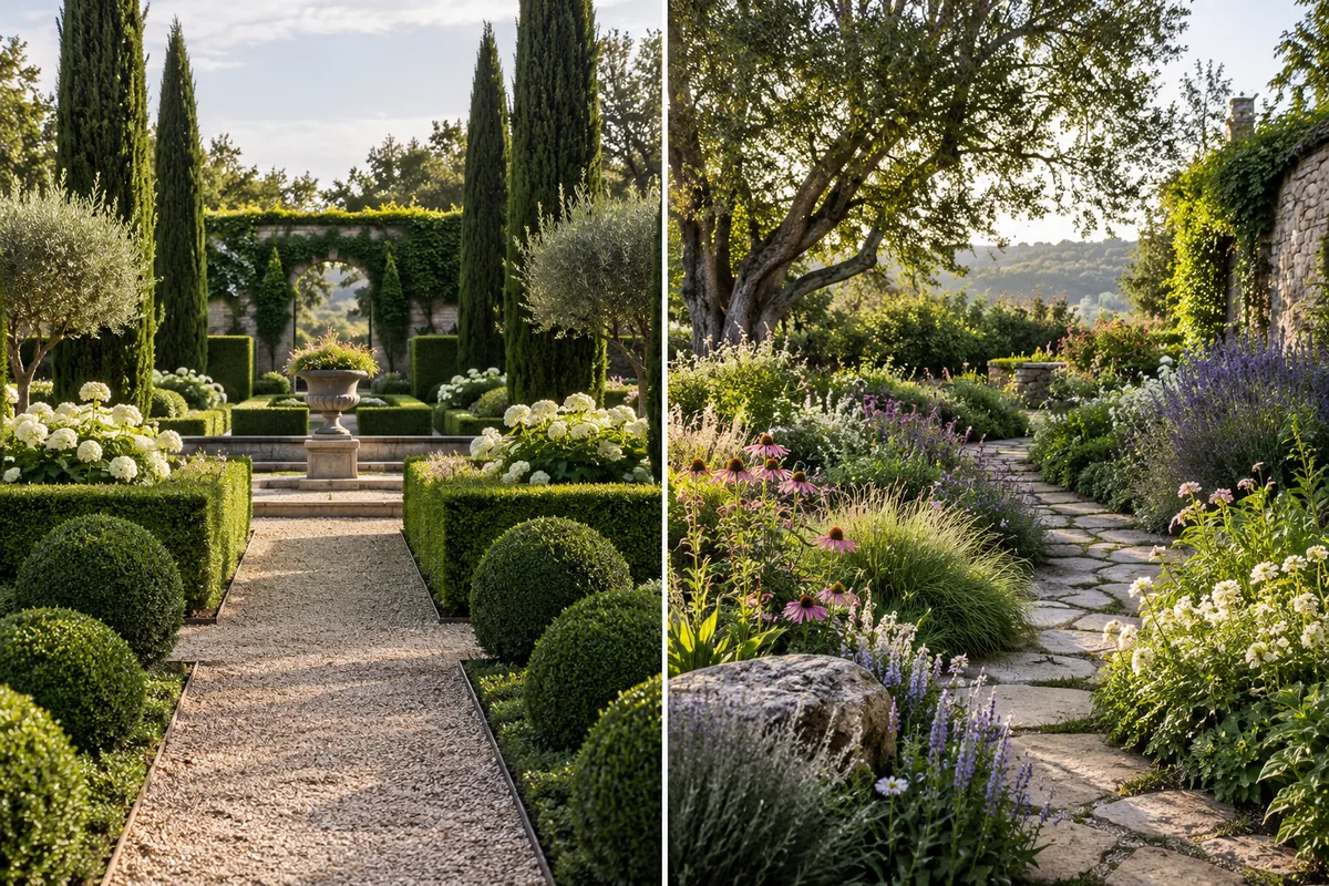 A straight gravel path between clipped hedges beside a winding path through loose flower borders.