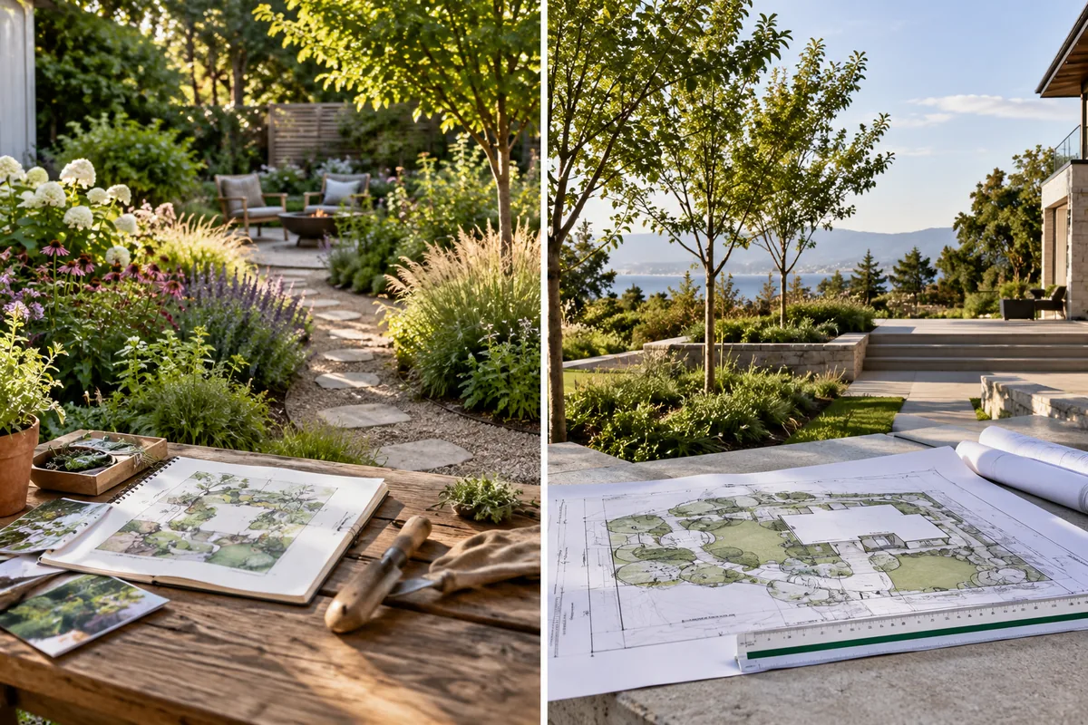 Garden drawings and samples on a table beside a detailed plan overlooking a paved modern terrace.