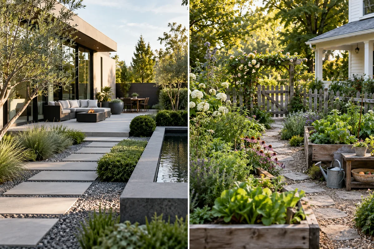 A geometric modern entrance with a water feature beside a white farmhouse and flower-bordered path.