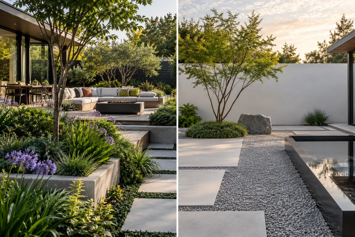 A layered modern terrace beside a sparse courtyard with a small tree, gravel, and a reflecting pool.