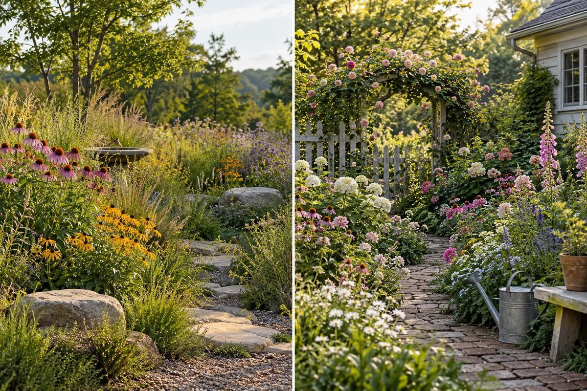 A loose flowering border with grasses and rocks beside a densely planted cottage path.