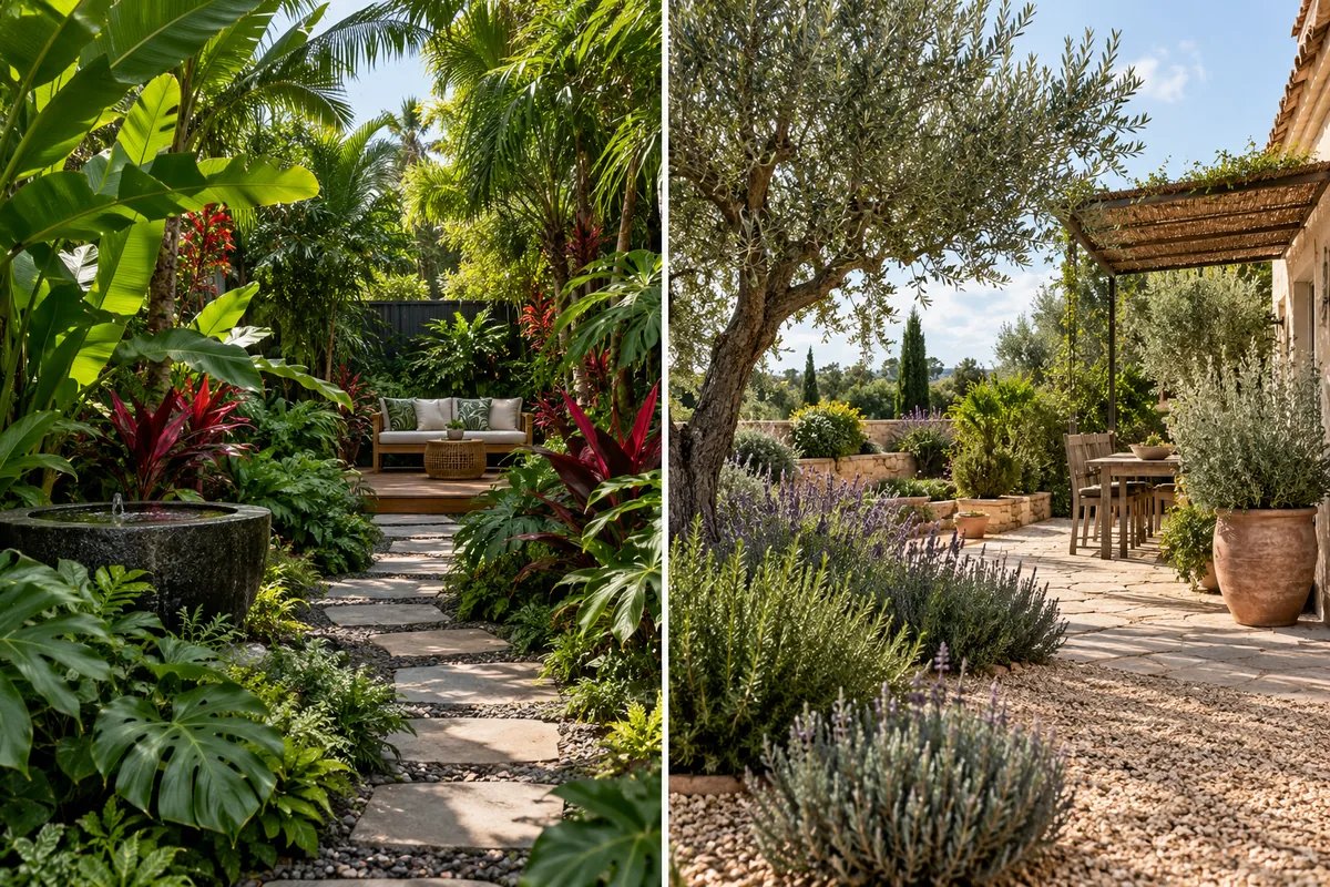Lush broadleaf planting around a garden path beside a gravel courtyard with an olive tree and terracotta pots.