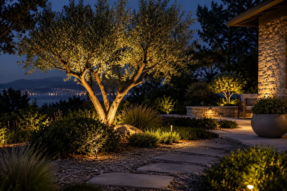 Warm lights illuminating tree trunks and a garden path at dusk beside a house.