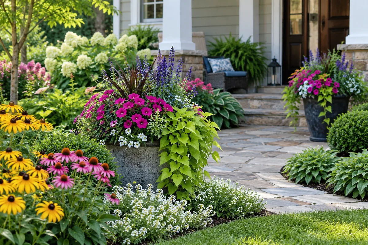Bright pink flowers spilling from patio containers among colorful flowers and leafy garden beds.