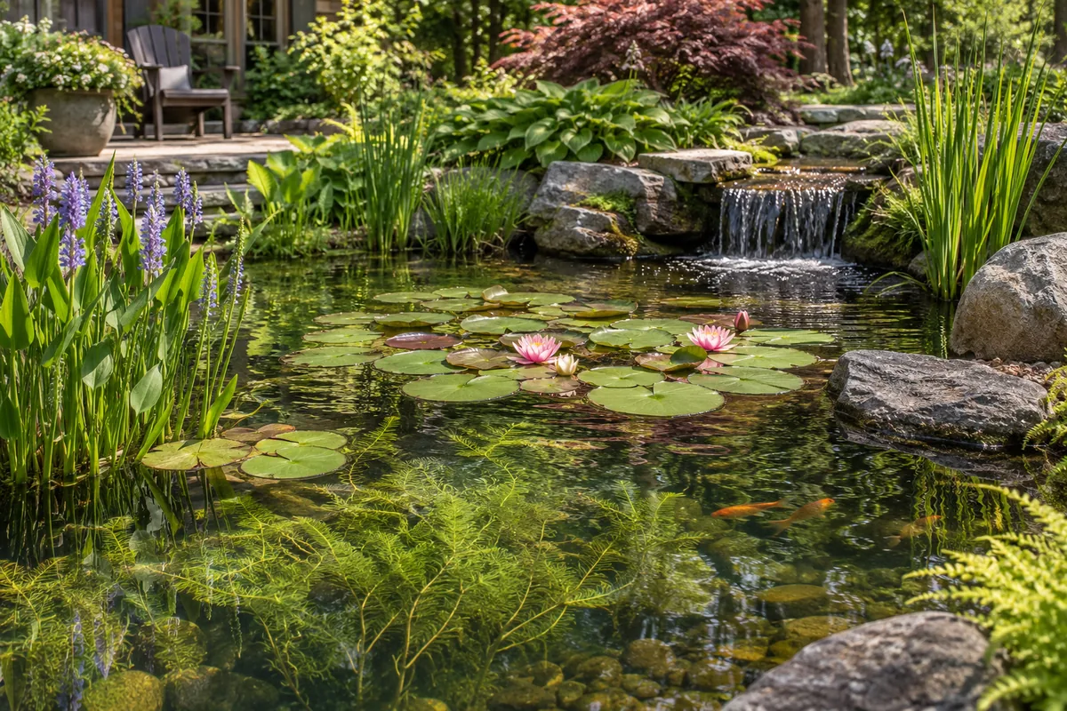 A clear garden pond with lily pads, pink flowers, upright waterside plants, and a small waterfall.