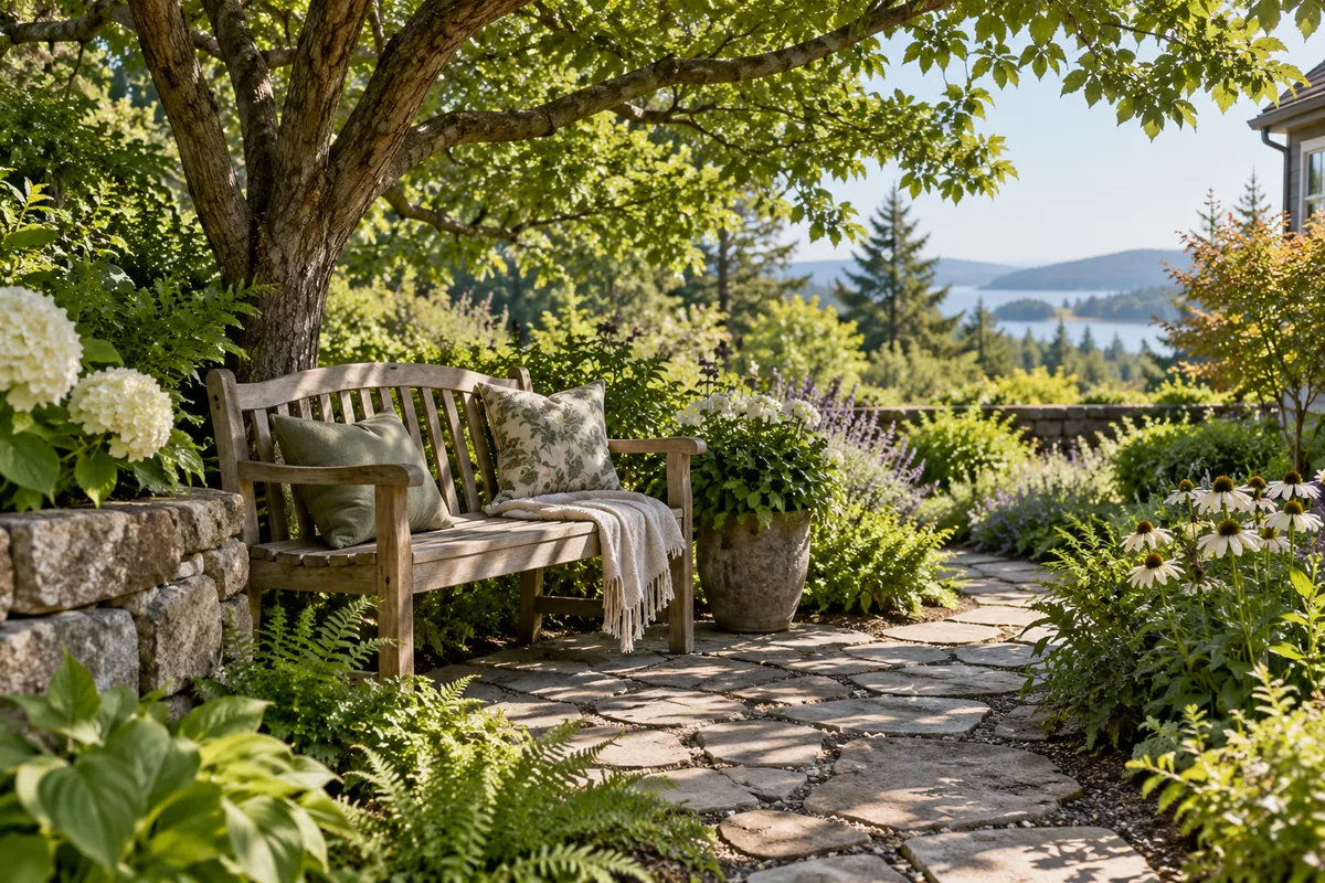 A wooden bench beneath a leafy tree beside a stone path and flowering garden beds.