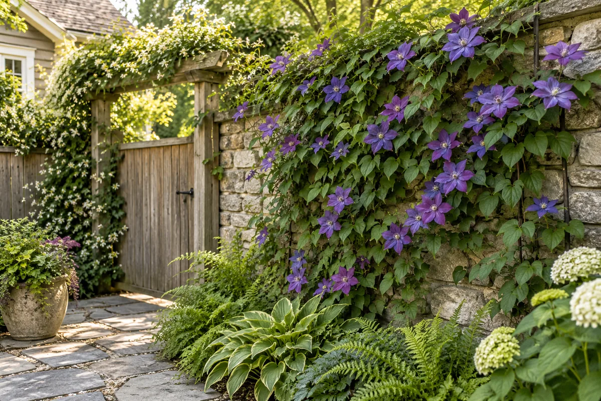 Purple flowering vines covering a stone garden wall beside a timber gate.