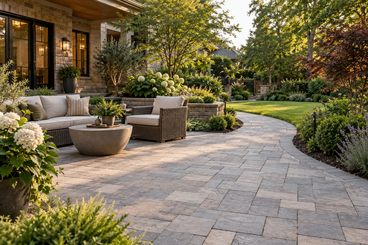 A broad gray-paver patio with cushioned outdoor seating surrounded by shrubs and flowers.