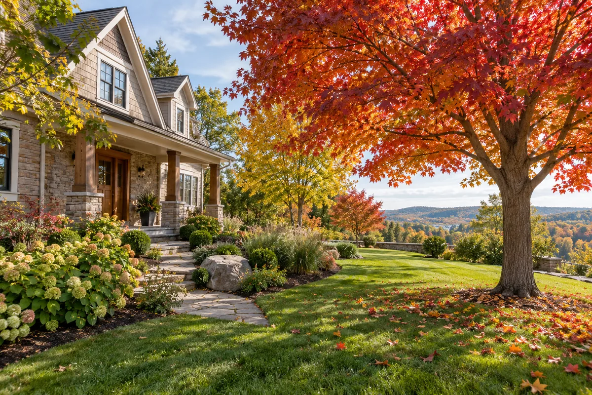 A large tree with orange-red autumn leaves shading a lawn beside a house and stone path.