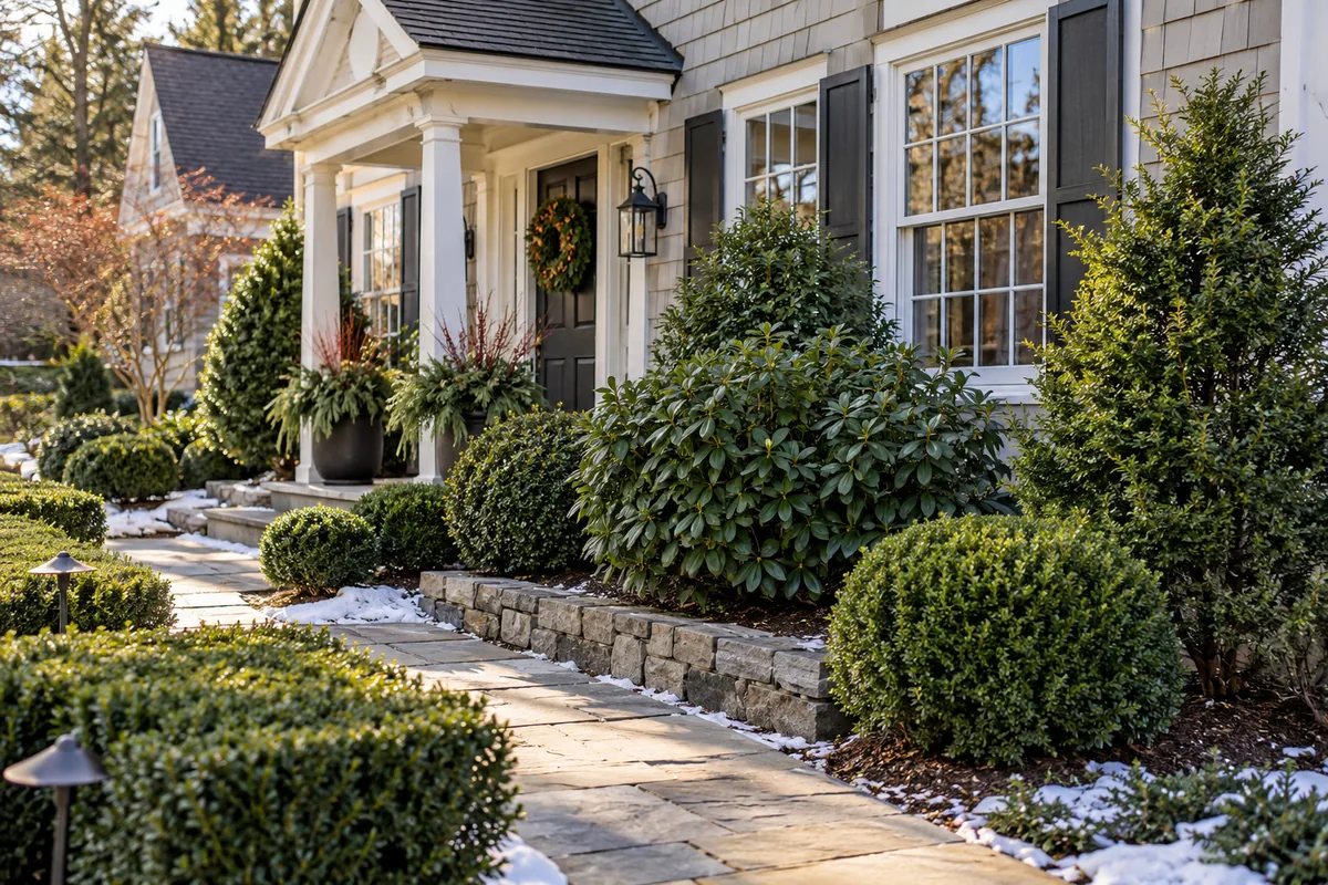 Rounded and upright green shrubs lining a stone path beside a white house.