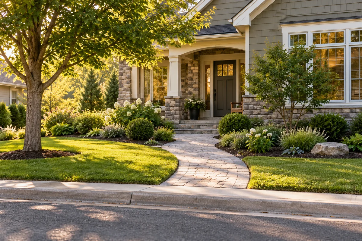 A curved front walk leads through lawn and planted beds to a house entrance.
