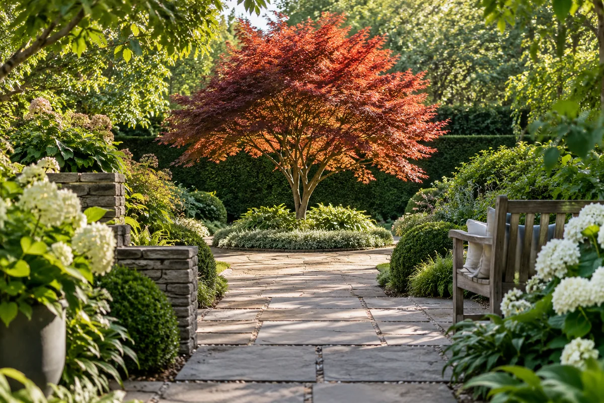 A red-leaved tree stands at the end of a stone path beside planted borders and a wooden bench.