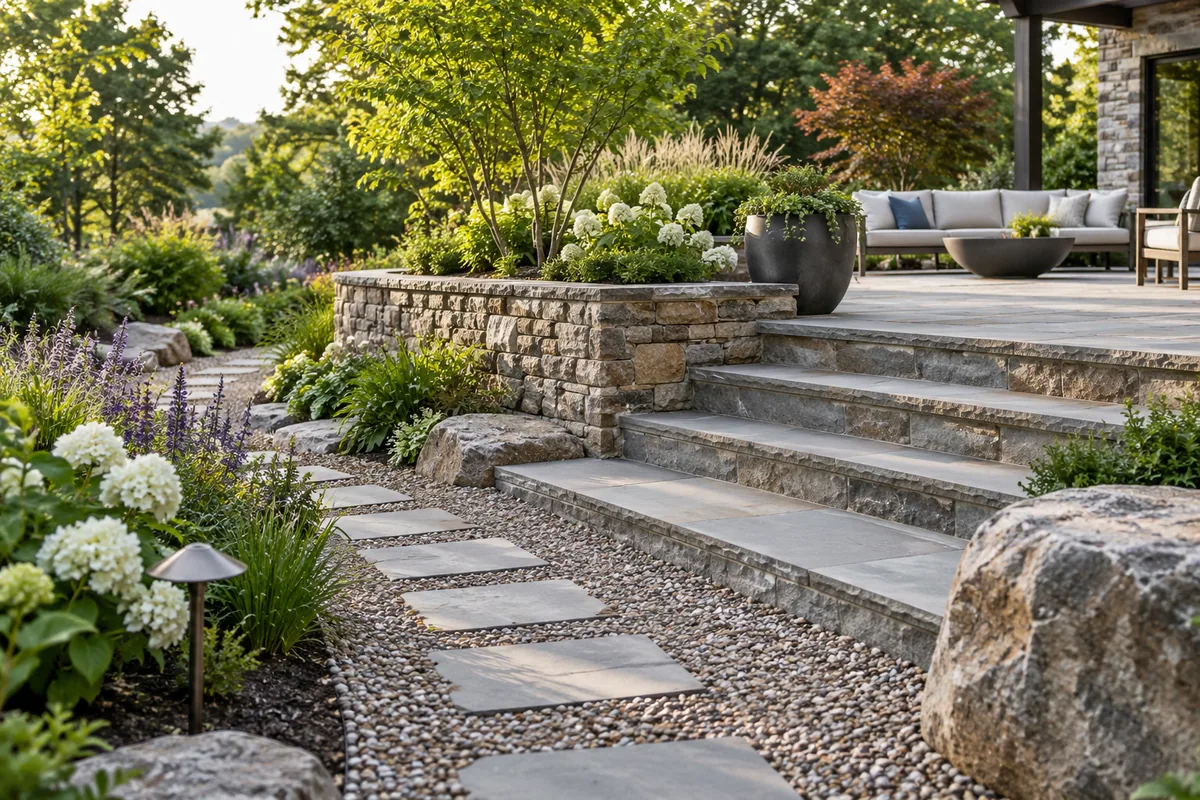 Stone steps, a paved terrace, and stepping stones connect planted garden areas.