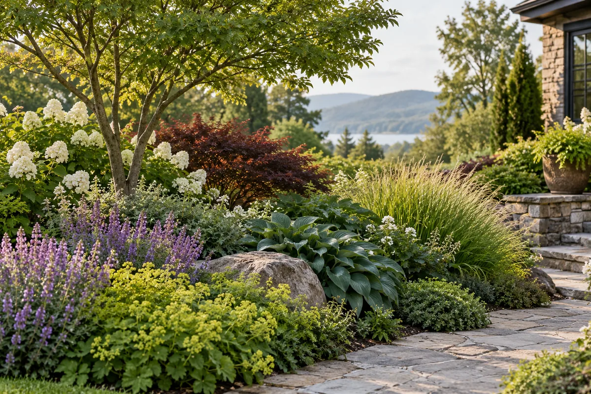 Trees, shrubs, flowers, and low foliage fill a layered border beside a stone path.