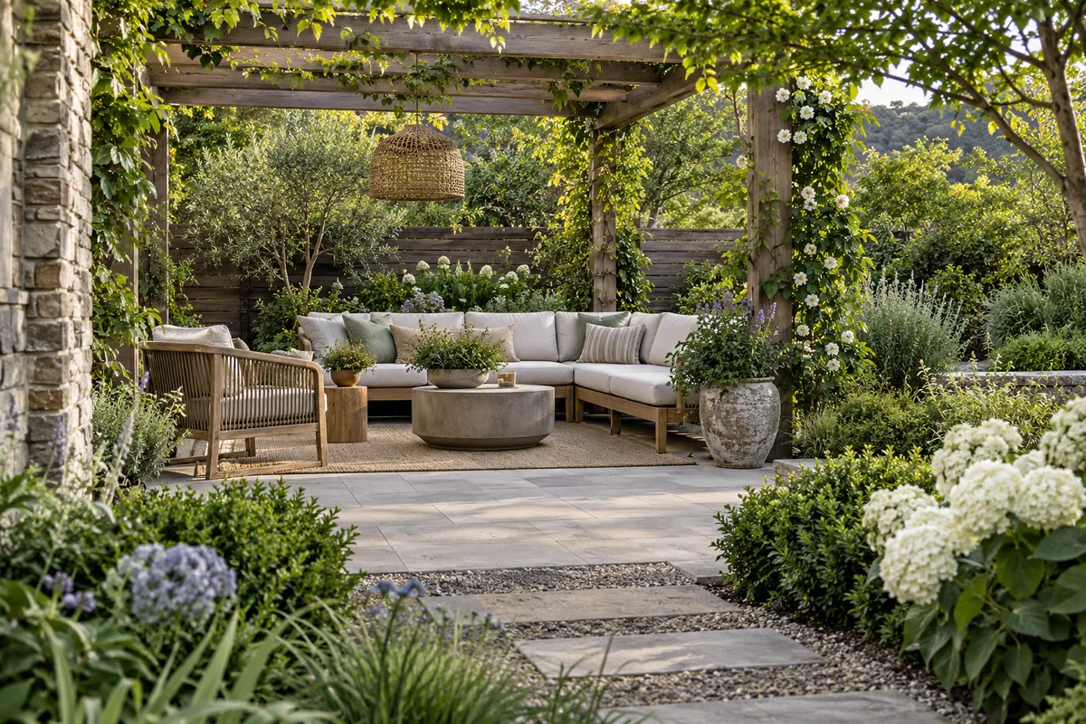 A furnished terrace beneath a pergola is enclosed by lush planted borders.