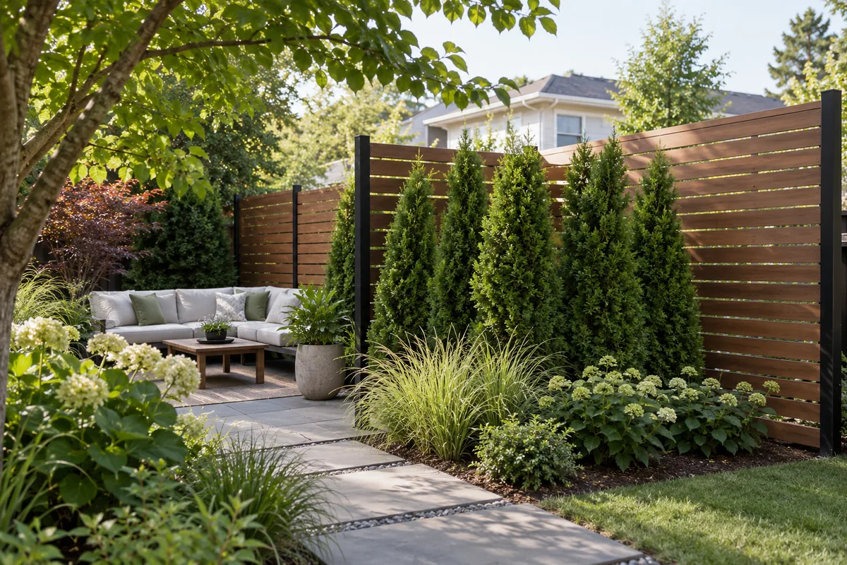 Timber privacy screens and layered planting beside a patio seating area.