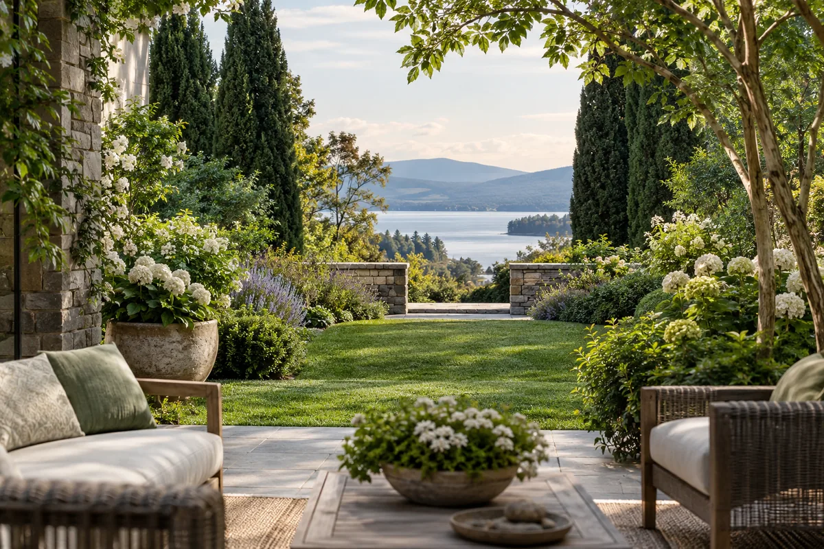 A garden seating area looks along a lawn between tall trees toward distant water.