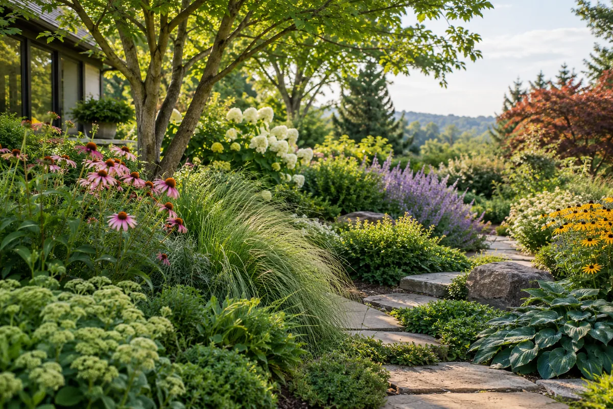 Trees, grasses, flowering shrubs, and leafy plants border a curving garden path.