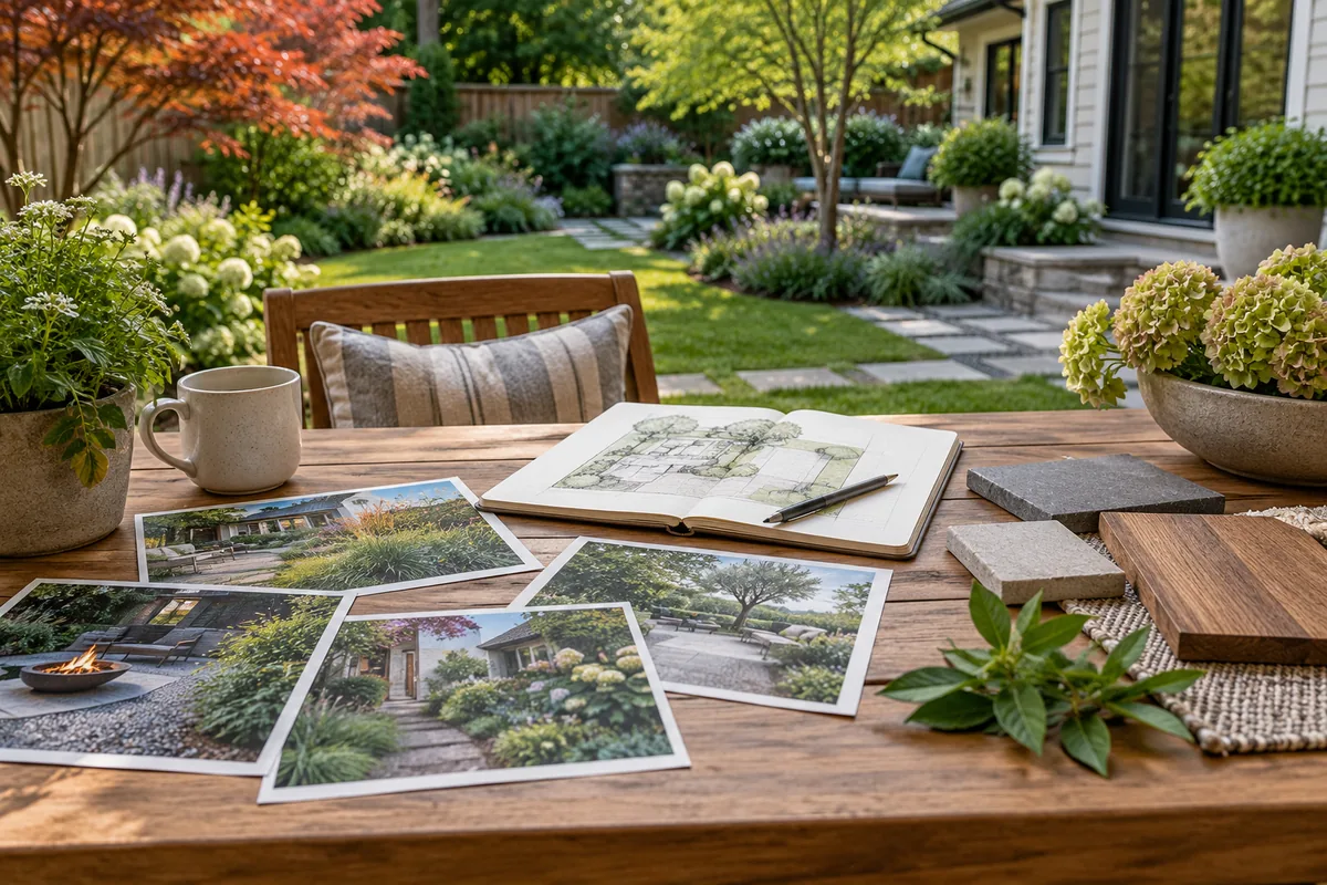 Garden photographs, a sketch, and material samples lie on a wooden table overlooking a planted yard.