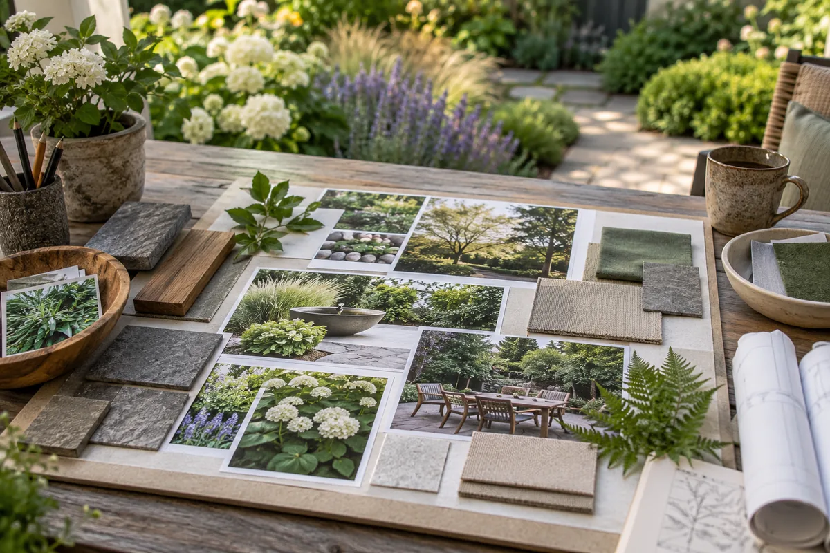 Garden photographs, leaves, fabric, and paving samples are arranged on an outdoor table.