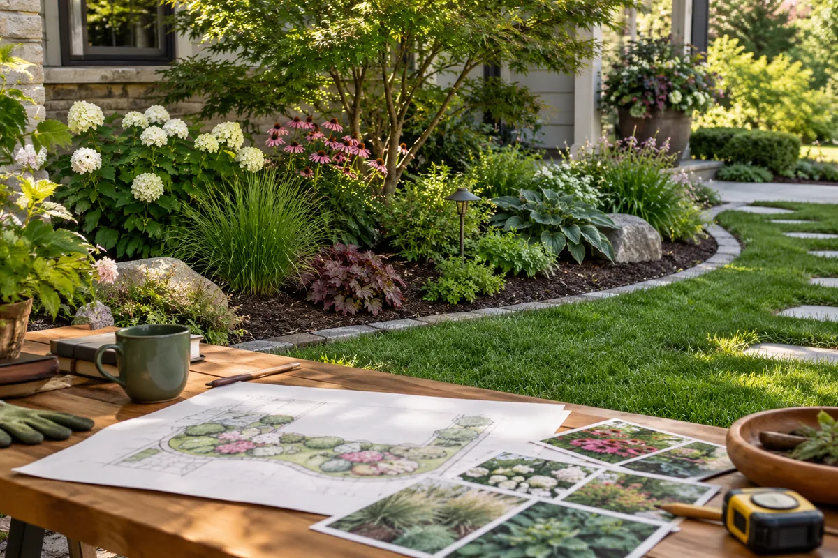 An illustrative planting sketch and reference photographs overlook a curved garden bed beside lawn.