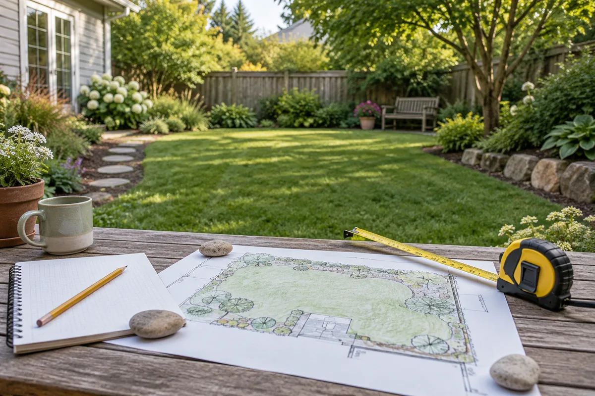 An illustrative yard plan, notebook, and extended tape measure sit on a table overlooking lawn.