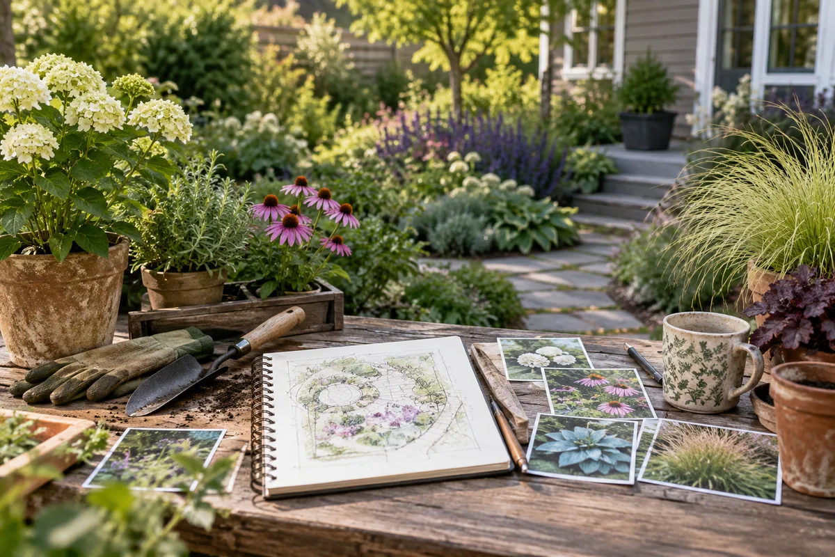 A garden sketch and plant photographs lie among pots, gloves, and hand tools on a wooden table.
