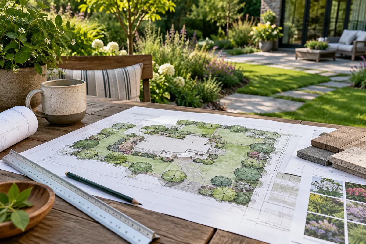 An illustrative landscape plan lies beside a ruler, pencil, and material samples on a garden table.