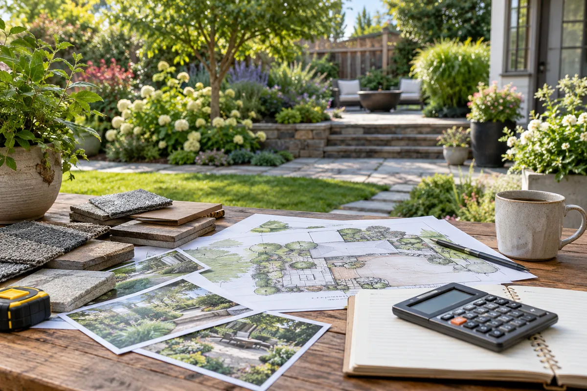 A calculator, notebook, illustrative garden plan, and material samples lie on an outdoor table.