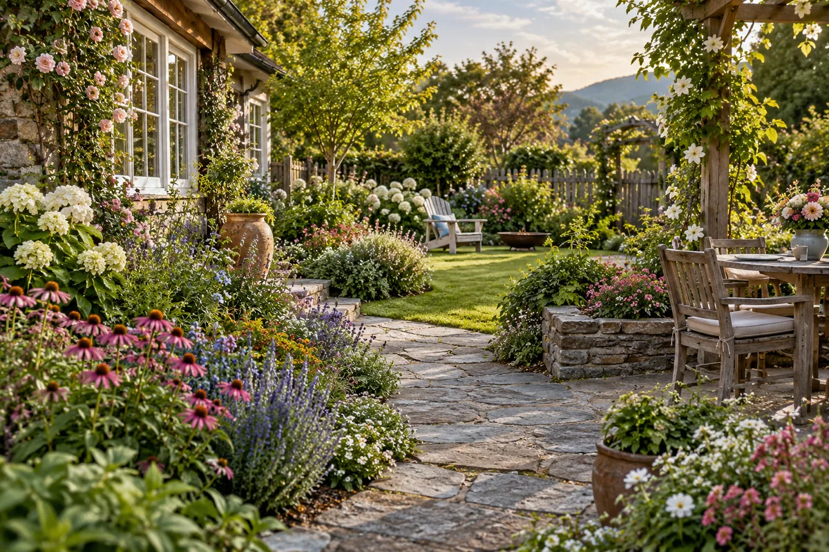 Stone path winds through abundant flower beds between a cottage, a lawn and a timber garden dining area.