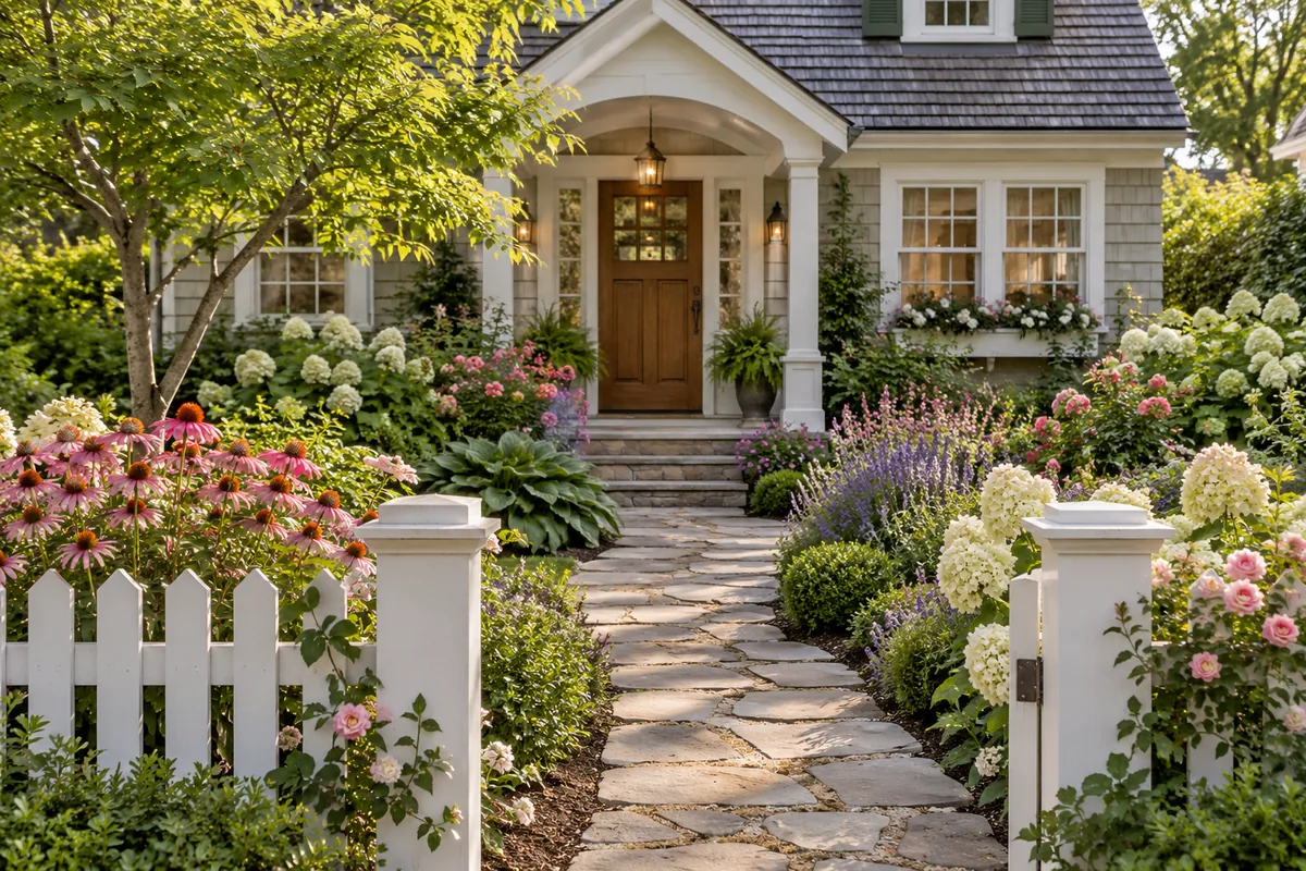 Stone entry path between pink, white and purple flowers connects an opening in a white picket fence to a front porch.