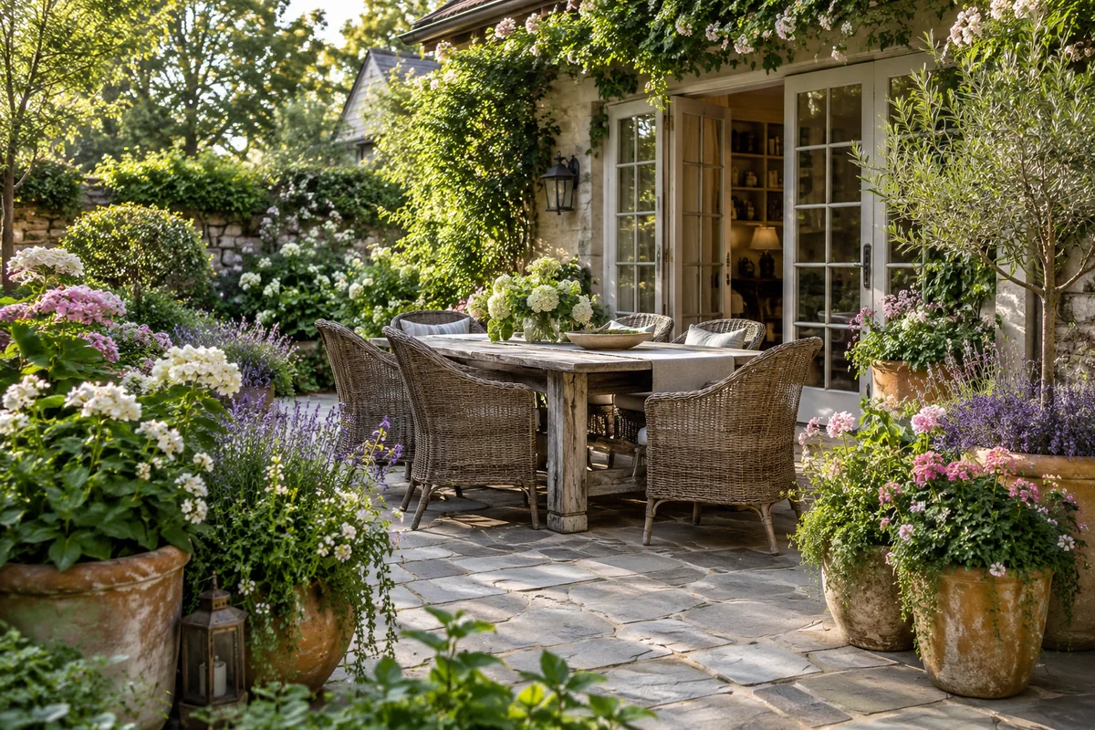 Timber dining table with woven chairs on a stone patio surrounded by flowering pots and climbing foliage beside open cottage doors.