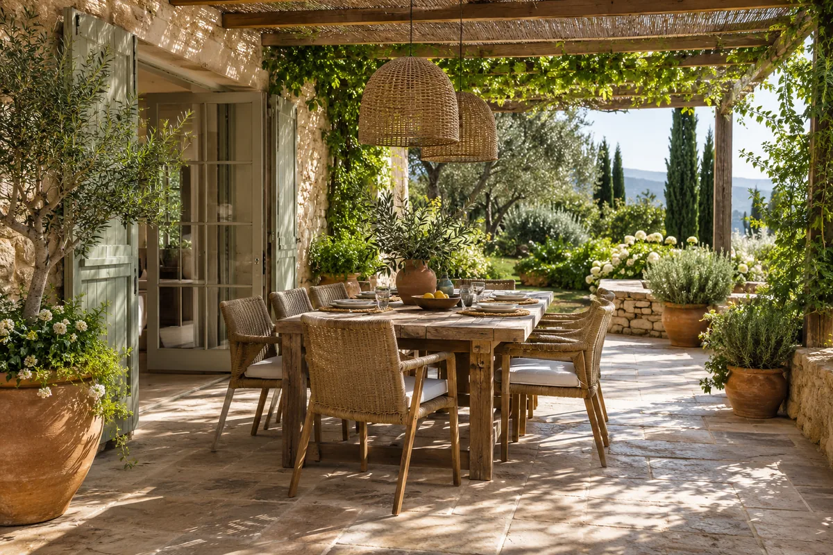 A shaded dining patio with timber furniture, terracotta containers and planting.