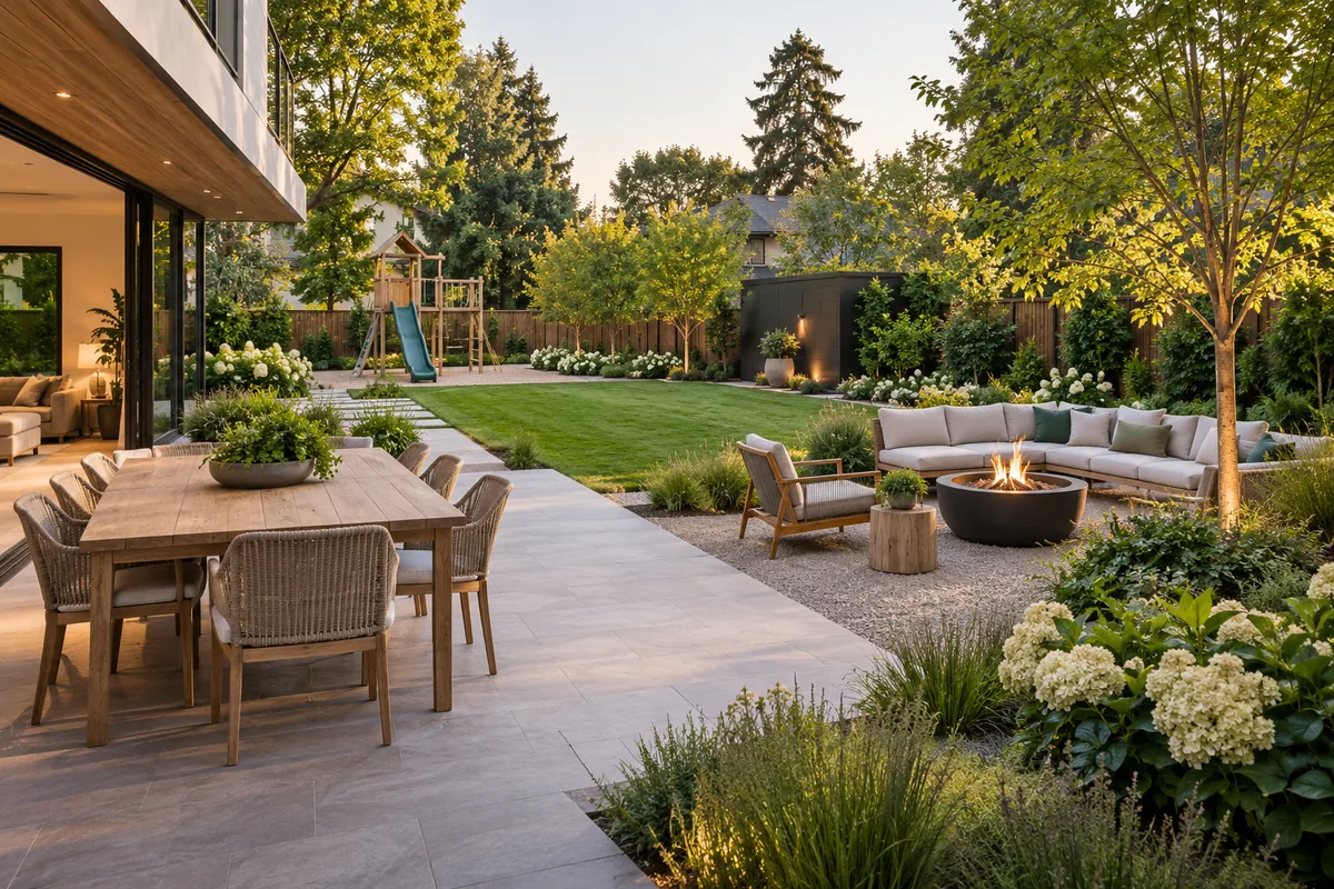 Backyard with a rectangular lawn, dining patio, fire-bowl seating area and timber play structure among planted borders.