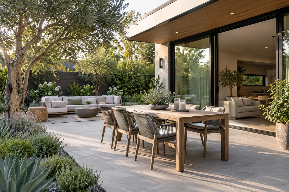 Paved patio with timber dining furniture and a pale cushioned lounge area beside large sliding glass doors.