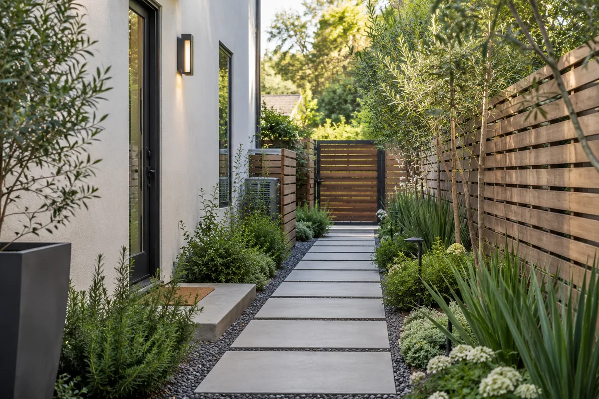Straight rectangular stepping-slab path between a house and horizontal timber fence with planted edges and a matching gate.