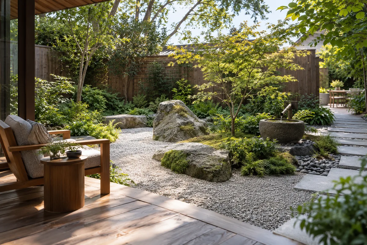 Timber deck seating overlooks gravel, large rocks, layered green foliage and a stone water bowl beside a stepping-slab path.