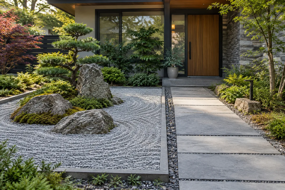 Straight entry slabs border raked gravel with large rocks, low green growth and a sculpted tree beside a timber front door.