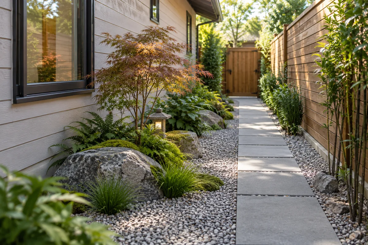 Straight stepping slabs beside gravel, mossy rocks, low foliage and a small stone lantern lead to a timber gate.
