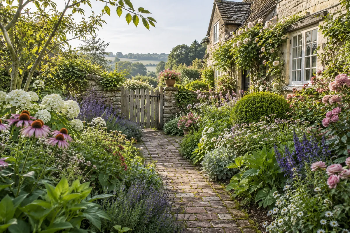 Flower-filled cottage garden with a weathered brick path leading to a timber gate beside a stone house.