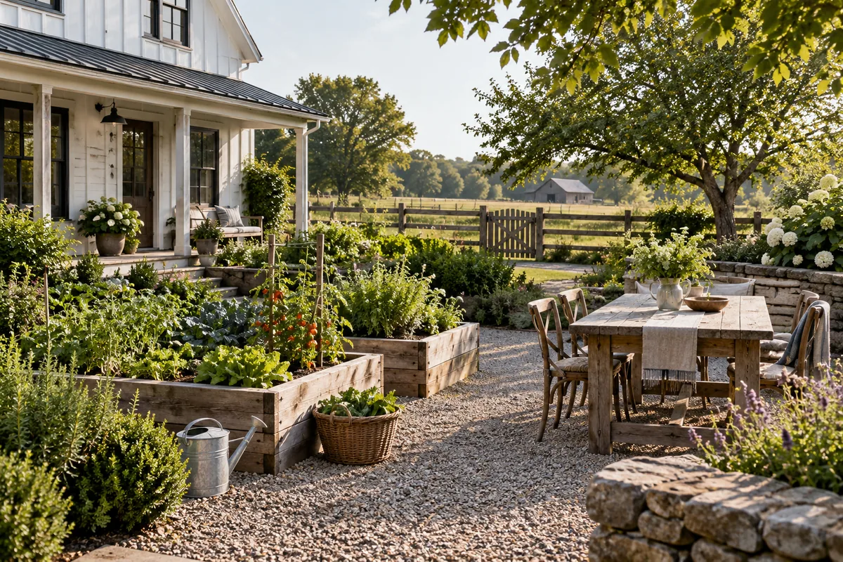 Raised timber growing beds and a garden dining table beside a farmhouse porch and rail fence overlooking fields.