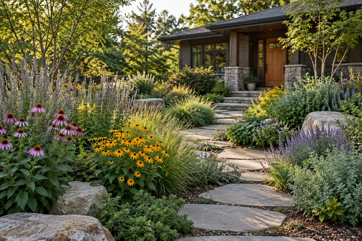 Irregular stepping stones wind through layered grasses and pink, yellow and purple flowers toward a front porch.