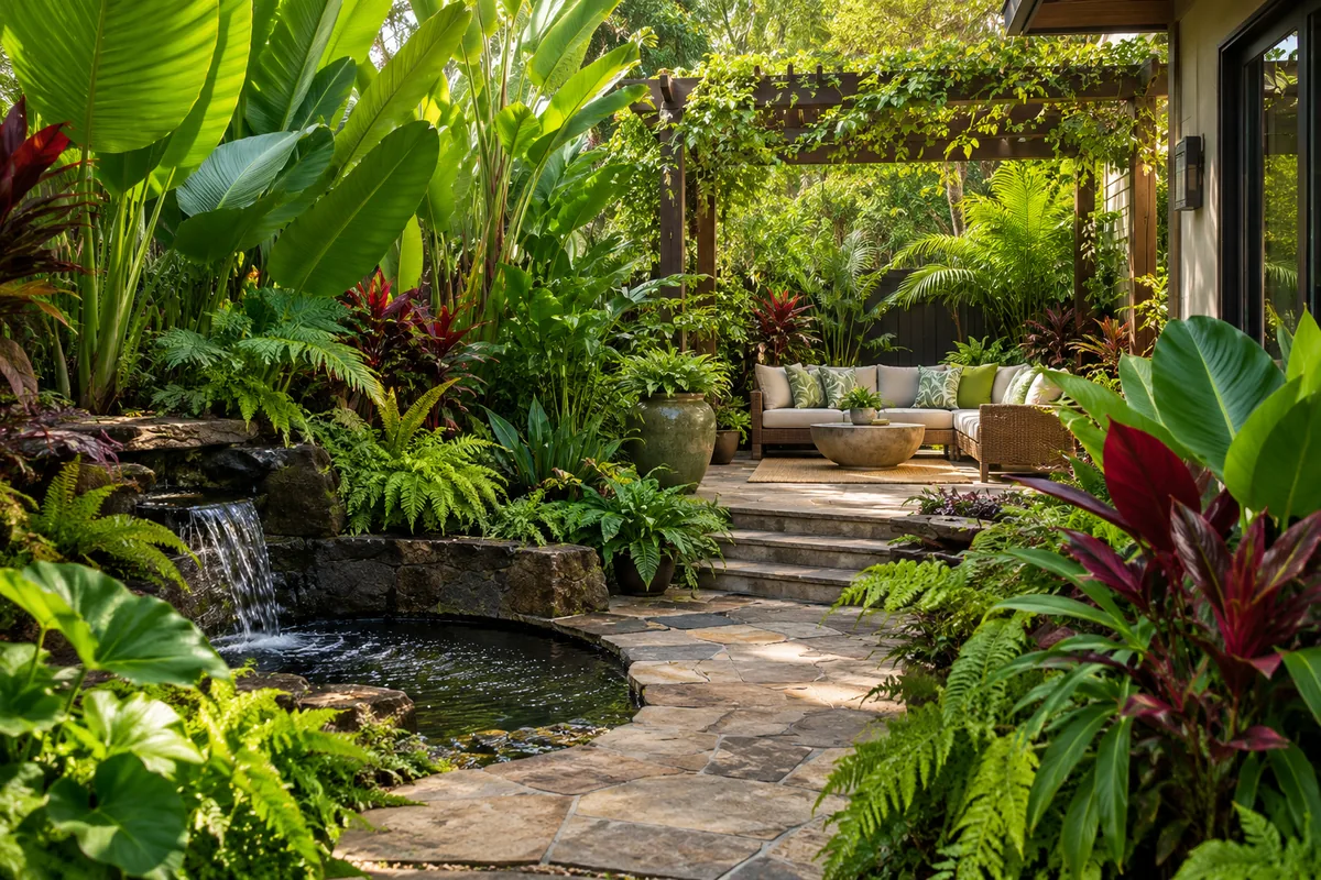 Stone path beside a small waterfall and pond leads to cushioned seating beneath a pergola amid dense broad-leaved greenery.