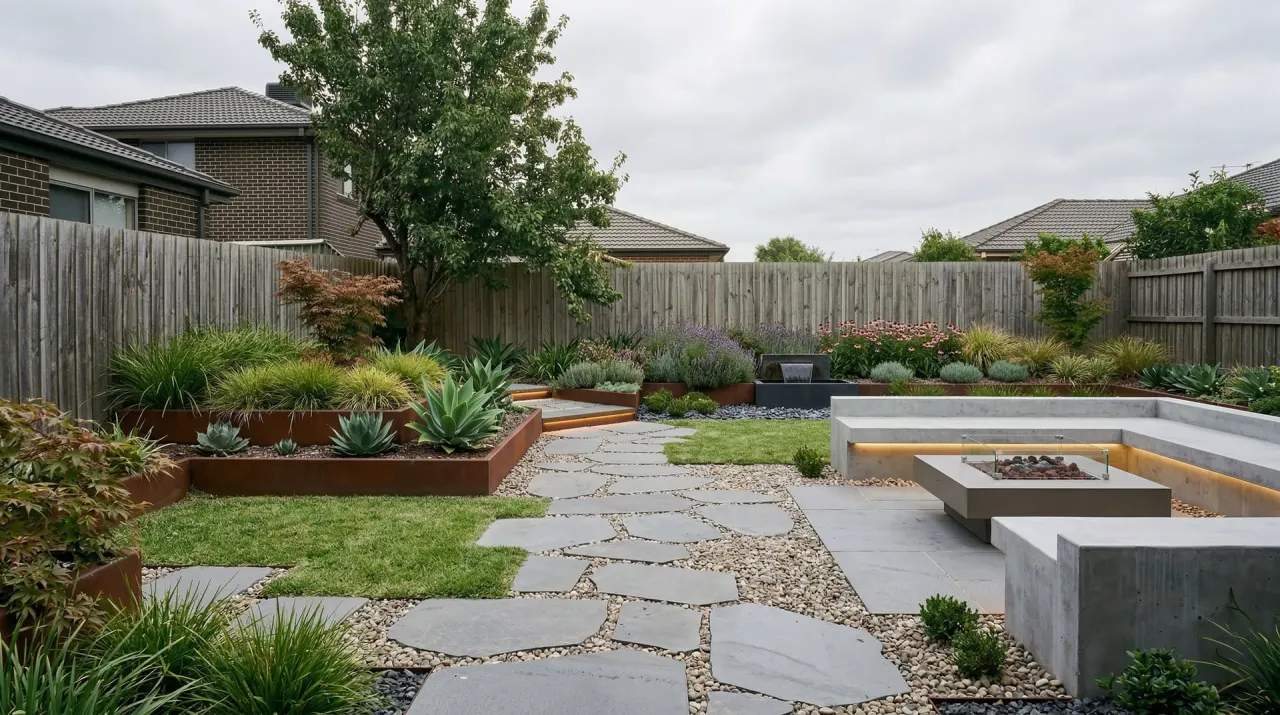 AI-generated modern front yard concept shown as the after view