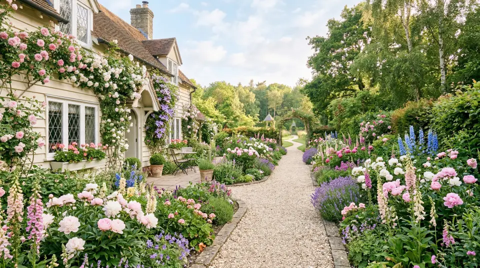 English cottage garden style preview with layered flowers, soft planting, and an informal romantic pathway