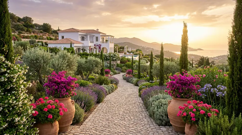 Mediterranean garden style preview with terracotta pots, olive trees, lavender, and warm sunlit stone surfaces