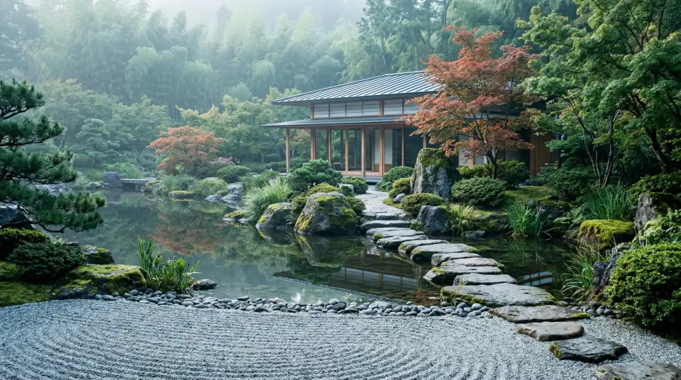 Japanese zen garden style preview with raked gravel, mossy stones, and a calm minimalist composition